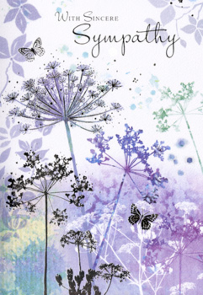 The design of this sympathy card carries the calm of a soft, overcast afternoon, much like the stillness you find wandering the quieter pockets of Grove Park. The central focus is a cluster of tall, slender wildflowers with delicate umbelliferous heads, their fine stems reaching upwards through a veil of watercolour washes. Shades of lavender, dusky violet, and cool cornflower blue drift across the card, melting seamlessly into pale, silvery greens. Each bloom is rendered with a lace-like intricacy, but with enough transparency that they never feel heavy or crowded; instead they appear to hover, as if suspended in a gentle breeze. The background looks softly blurred, echoing the hazy effect of dew on grass, giving the entire composition a restful depth. Two light, almost ghostlike butterflies float near the wispy petals, their wings edged in faint tones of blue and lilac, evoking the idea of quiet presence and the continuation of spirit beyond sight. Nothing in the artwork shouts; every line and shade speaks in whispers, like a kind neighbour lowering their voice on the doorstep when bringing condolences. The card would sit gracefully beside a simple sympathy arrangement, perhaps delivered the same day to a home near Grove Park's tree-lined avenues, where family and friends gather to remember. Its colours and forms extend a gentle invitation: pause, breathe, and hold close the memories that matter. For someone here who is grieving, this card offers more than decoration; it becomes a still, compassionate companion, shaped with the same care we bring to our funeral flowers and tributes.
