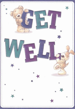 This delightful get well card, styled by an artist's hand reminiscent of a Grove Park florist crafting with care, sets a scene of innocence and comfort. A cuddly teddy bear nestles atop the letter 'G', while a cheerful, droopy-eared puppy cozies up to the word 'Well', both rendered in warm, soft tones. The expressive eyes and rounded forms of each character radiate gentle affection and optimism, much like a freshly arranged bouquet intended to uplift a friend's spirits just across the leafy paths of Grove Park Common. Vivid purples and cool teal blues infuse the bold typography with energy, their shades echoing twilight skies over the neighbourhood. Scattered stars, gleaming in blue and lilac, add a whimsical, magical touch-tiny bursts of hope ready to carry a message of healing. Every brushstroke and gentle detail is arranged with the same thoughtful intention local florists bring to their work, blending clarity, comfort, and a welcoming sense of cleanliness. This illustration offers a tactile experience, as if you could reach out and feel the teddy's softness, making it the perfect companion to a bouquet meant to soothe and revive someone you care about in Grove Park.