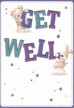 Radiating comfort and cheerful optimism, this illustrated get well card captures the heart of Grove Park's neighbourly warmth. At the centre, a sweet teddy bear with plush, golden fur balances atop the swirling letter 'G', while a wide-eyed, cuddly puppy leans in, both joyfully supporting the playful, oversized typography that spells 'Get Well'. The rich indigo and teal hues in the letters glisten against a soft white background, their colours reminiscent of wildflowers gathered from local gardens. Twinkling starbursts in shades of blue and purple drift above, adding a sprinkle of hope and wonder-like the feeling of sunlight filtering through trees on a Grove Park afternoon. The detailed textures evoke the tactile comfort of well-loved soft toys, each tiny brushstroke as intentional as the careful placement of blooms in a hand-tied arrangement. The mood is gently uplifting, designed to convey not just a message of recovery, but a sense of being cherished and supported. This scene feels much like a bouquet delivered by hand from a Grove Park florist: simple, sincere, and filled with the promise of brighter days ahead.